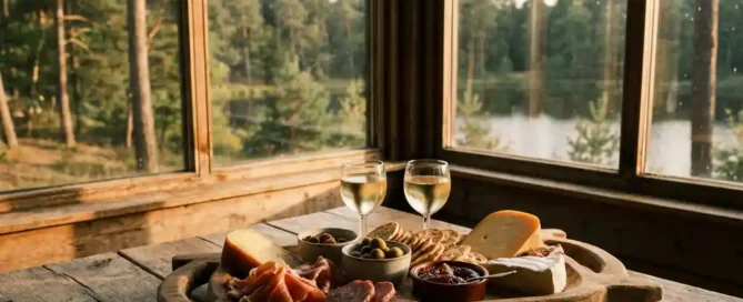 Rustiek houten serveerplank met charcuterie, ambachtelijke kazen en witte wijn, met uitzicht op het Veluwse bos en meer op de achtergrond.