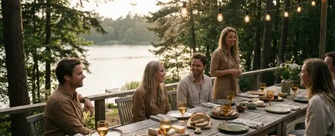 Rustieke houten tafel met wijnglazen en hapjes op een terras bij het Uddelermeer, omgeven door Veluwse dennenbomen in gouden avondlicht.
