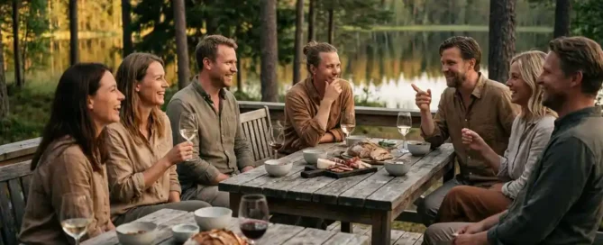 Collega's lachen samen op een rustiek houten terras met wijn en charcuterie, uitkijkend over een bosmeer in het gouden avondlicht.