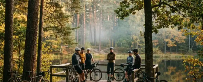 Collega's fietsen over een bospad in de Veluwe, met gouden middaglicht tussen hoge dennenbomen en een rustiek houten terras aan het water.
