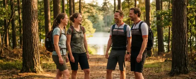 Collega's lachen samen op een bospad in de Veluwe, gekleed in fietskleding en wandelschoenen, met gouden avondlicht door de pijnbomen.