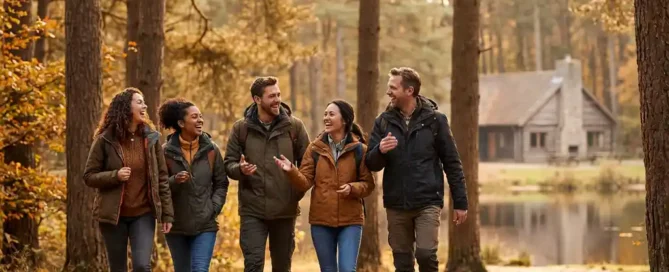 Collega's lachen samen op een bospad in de Veluwe, omgeven door hoge pijnbomen en gouden herfstzonnelicht, met een houten lodge bij een meer op de achtergrond.