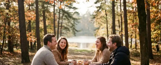 Collega's rond een houten tafel op een bosterras in de Veluwe, omgeven door pijnbomen en een rustig meer in herfsttinten.