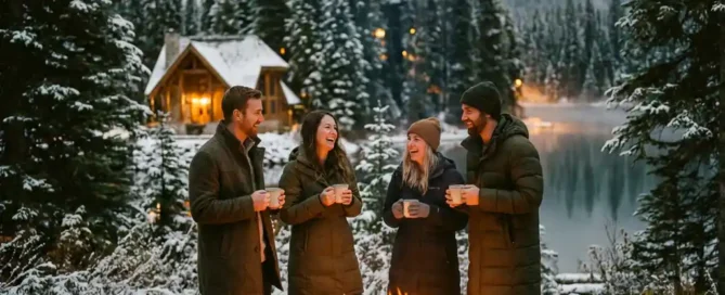 Collega's in winterjassen lachen rond een knappend vuurkorf in het besneeuwde Veluwse dennenbos, dampende mokken in de hand.