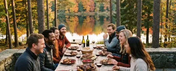 Collega's aan een rustieke houten tafel op een bosterras bij het Veluwemeer, herfstkleuren weerspiegeld in het stille water, wildgerechten en wijnglazen in gouden middaglicht.