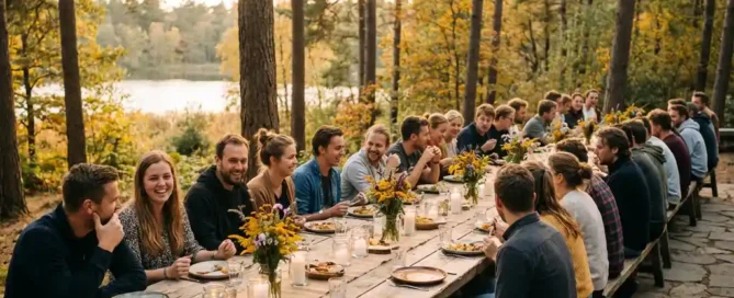 Rustieke houten feesttafel op bosterras in de Veluwe, omringd door pijnbomen, herfstbladeren en kaarslicht bij gouden uur.