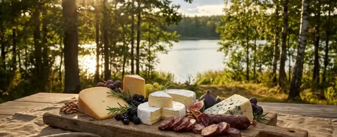 Rustiek houten serveerplank met ambachtelijke kazen, gedroogd wildvlees en verse garnering op een linnen tafel in het Veluwse bos.