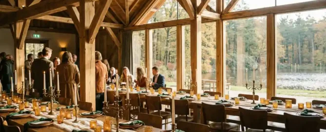 Rustieke feestzaal met lange gedekte tafels, houten balken en vloer-tot-plafond ramen met uitzicht op Veluwse bossen en een meer.