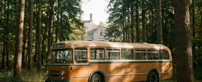 Vintage streekbus stopt bij boshalte op de Veluwe, omringd door hoge pijnbomen in herfstig goudgeel licht met een landgoed op de achtergrond.