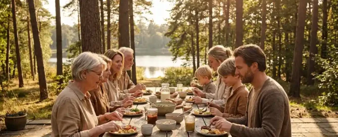 Meerdere generaties rond een verweerde houten tafel op een bosterras op de Veluwe, met dennenbomen en een rustig meer op de achtergrond.