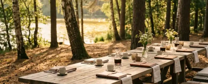 Houten vergadertafel met notitieboeken en koffiekopjes in een zonnige bosopen plek op de Veluwe, met berkenbomen en een glimp van het meer.