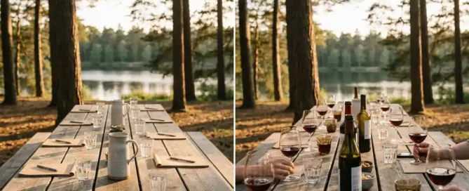 Rustieke houten vergadertafel met notitieblokken en wijnglazen in Veluwse dennenbossen bij gouden uur, met meer op de achtergrond.