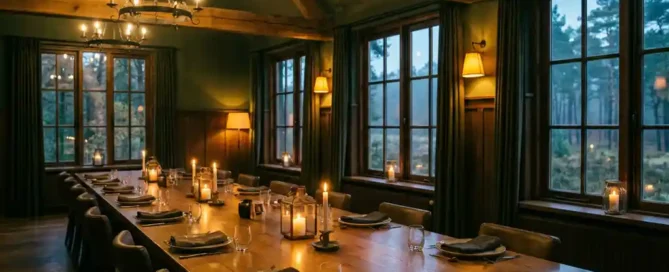 Rustieke conferentiezaal in een boshotel op de Veluwe met eiken vergadertafel, houten balken en kaarslicht bij schemering.