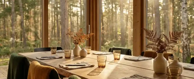 Vergaderzaal met eiken tafel en glazen wanden met uitzicht op het beboste Veluwse landschap in warm middaglicht.