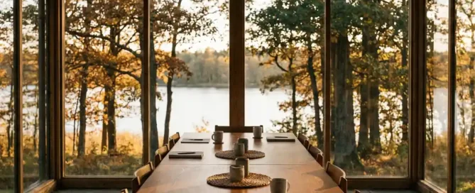 Houten vergadertafel in glazen paviljoen temidden van herfstbos op de Veluwe, met uitzicht op het Uddelermeer in gouden avondlicht.