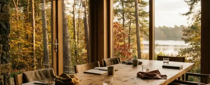 Rustieke houten vergadertafel met waterglazen en linnen servetten, omgeven door herfstlicht en uitzicht op Veluwse pijnbomen en een meer.