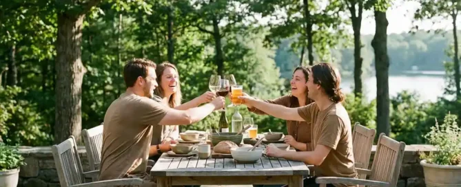 Vrienden proosten met wijn en bier op een rustiek houten terras, omgeven door Veluwse bossen en een rustig meer in het gouduur licht.