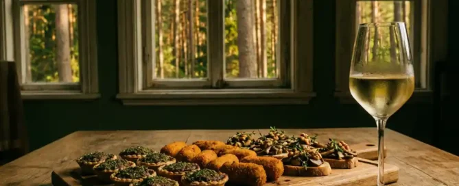 Rustiek houten serveerplank met wildkroketten, hertenvlees-tartlets en bospaddestoelen-bruschetta, glas witte wijn en Veluwse dennenbossen op achtergrond.