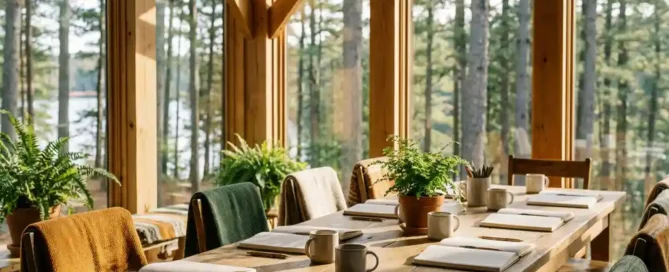 Workshopruimte met eikenhouten tafel, notitieboeken en koffiekopjes, omgeven door Veluwse dennenbossen en een meer bij middaglicht.