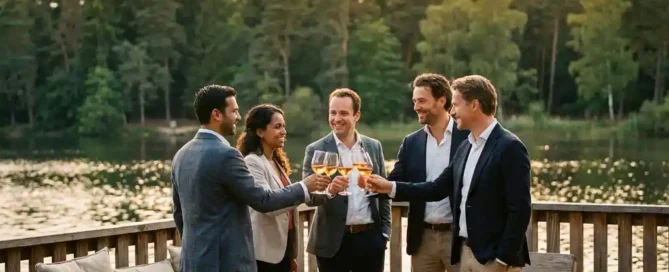 Professionals proosten met wijnglazen op een zonnig terras met uitzicht op het Uddelermeer en het Veluwse bos.