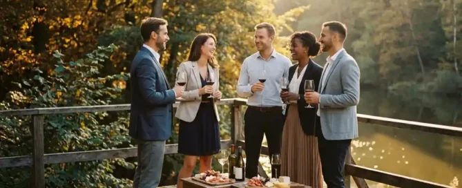 Zakelijke professionals netwerken op een zonnig terras met wijnglazen, uitkijkend over een bosrijke Veluwse meer in gouduur licht.