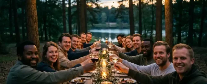Collega's proosten en lachen aan een rustieke houten tafel buiten in het Veluwse bos bij schemering, verlicht door kaarsen en lichtslingers.
