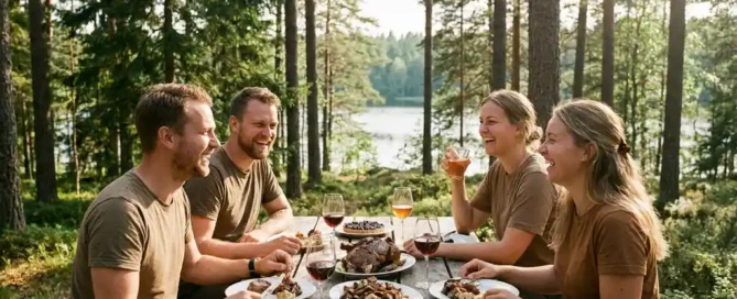 Collega's lachen samen aan een rustieke houten tafel op een bosterras op de Veluwe, met wildgerechten en wijnglazen in middagzon.