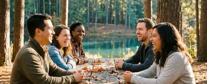 Collega's lachen samen aan een houten picknicktafel in een zonnige open plek op de Veluwe, omringd door dennenbomen en herfstbladeren.