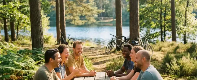 Collega's lachen tijdens buitenactiviteit op zonnige open plek in de Veluwe, met picknicktafels en fietsen bij een meer op de achtergrond.