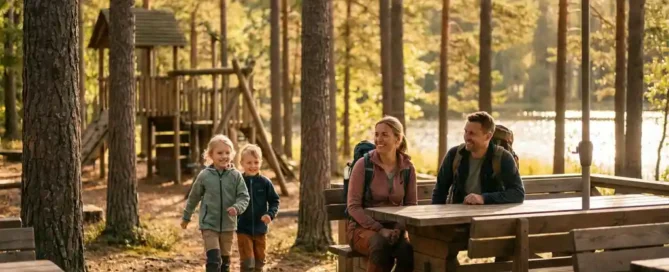 Gezin arriveert bij een bosrestaurant aan het meer op de Veluwe, kinderen rennen naar speeltuin terwijl ouders plaatsnemen op terras.