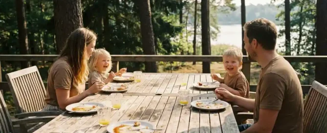 Gezin met jonge kinderen aan rustieke houten tafel op bosterras in de Veluwe, lege pannenkoekenbordes, dennenbomen en meer op achtergrond.