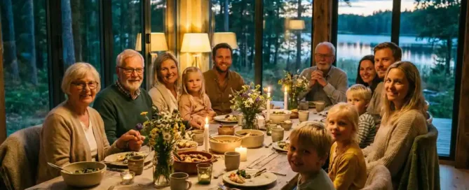 Multigenerationeel gezin aan een rustieke houten tafel met kaarslicht en wildbloemstukken, met uitzicht op het Veluwse bos en meer bij schemering.