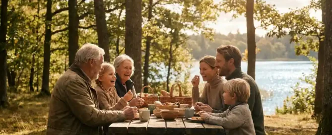 Multigenerationeel gezin rond een rustieke picknicktafel aan de bosrand, met een glinsterende meer op de achtergrond in gouduur licht.