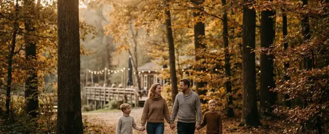 Familie wandelt op bospad tussen herfstbomen met gouden en roestkleurig blad, restaurantterras zichtbaar op achtergrond.
