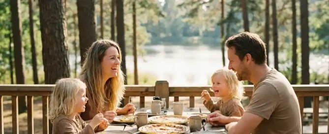 Familie geniet van Dutch pancakes op een terras in het bos, met zonneschijn, dennenbomen en een meer op de achtergrond.
