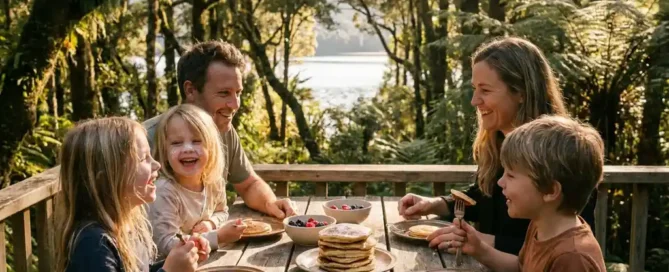 Gezin geniet van zelfgemaakte pannenkoeken op een rustiek houten terras in het Veluwse bos, kinderen lachen in het gouden middaglicht.