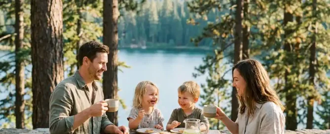 Familie geniet van pannenkoeken en limonade op een zonnig terras aan een bosmeer, omgeven door hoge pijnbomen.