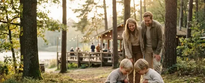 Familie verkent bospad op de Veluwe, kinderen bekijken dennenappel terwijl ouders toekijken, gouden avondlicht door eiken.