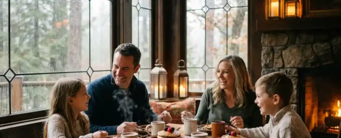 Familie aan rustieke houten tafel in bosrestaurant op de Veluwe, met warme chocolademelk en pannenkoeken, regendruppels op mistige ramen.