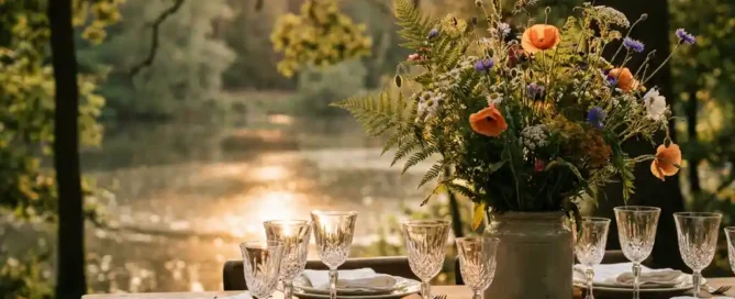 Feestelijk gedekte tafel in de Veluwse natuur met kristallen glazen, wildbloemstuk en een glinsterende achtergrondmeer in gouden middaglicht.