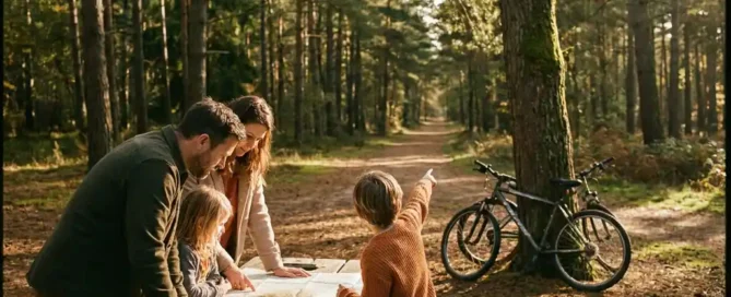 Familie bekijkt papieren kaart op houten picknicktafel in het Veluwse bos, fietsen tegen boom, kind wijst naar bospad.