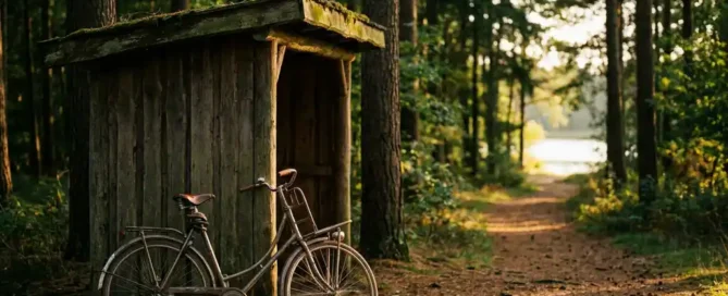 Vintage fiets tegen rustieke houten bushokje in Veluwse dennenbossen, met slingerpad naar zonnebeschenen meer op de achtergrond.