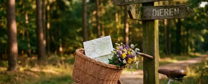 Verweerde houten fiets tegen een bemoste wegwijzer op een Veluwe-pad, met gevlochten mand vol wilde bloemen en vouwkaart.