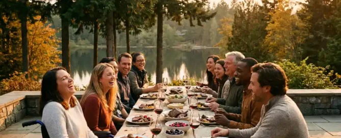 Diverse gasten lachen samen aan een rustieke houten tafel op een bosterras in de Veluwe, met wildgerechten en wijnglazen in warm middaglicht.