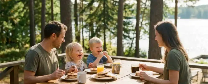 Familie geniet van pannenkoeken op een houten terras in de Veluwe, omringd door dennenbomen en een zonnig meer op de achtergrond.