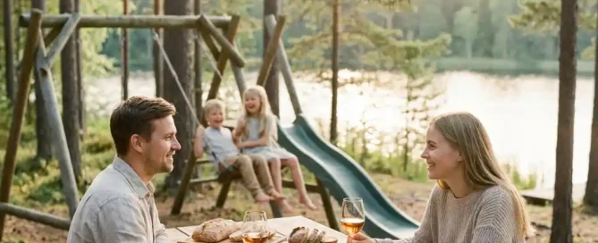 Familie luncht op terras aan bosmeer op de Veluwe, kinderen spelen op houten speeltoestel, dennenbomen en gouden middagzon op de achtergrond.
