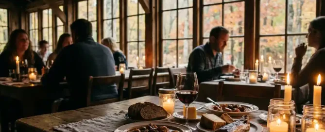 Rustieke houten tafel met traditionele Nederlandse gerechten en een glas wijn bij kaarslicht in een bosrestaurant, herfstkleuren zichtbaar door grote ramen.