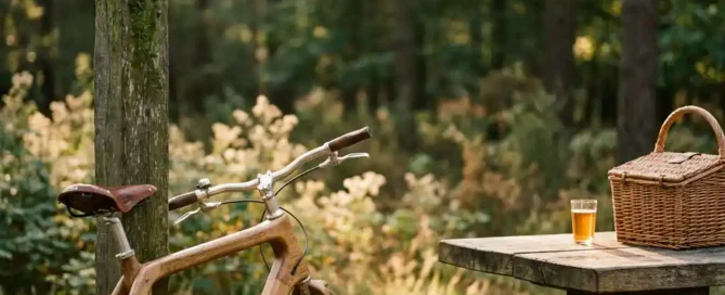 Houten fiets tegen een bospad paal in het Veluwse dennenbos, met een rieten picknickmand en wijnglas op een eiken tafel in middaglicht.