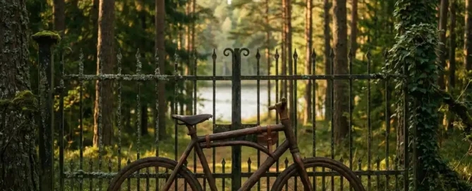 Verweerde houten fiets tegen een bemoste hek van een landgoed, met Veluwse dennenbossen en een zonnig meer op de achtergrond.