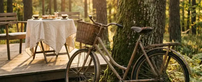 Verweerde houten fiets tegen een bemoste eik in het Veluwse bos, met op de achtergrond een rustiek terras met koffie en appeltaart.